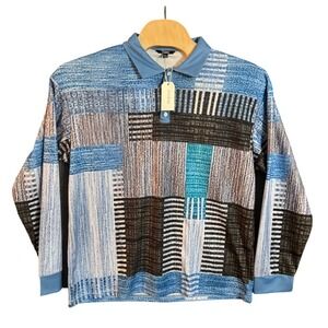 NWT Ouku Mens Blue Geometric Abstract Print Long Sleeve Polo Shirt Large New